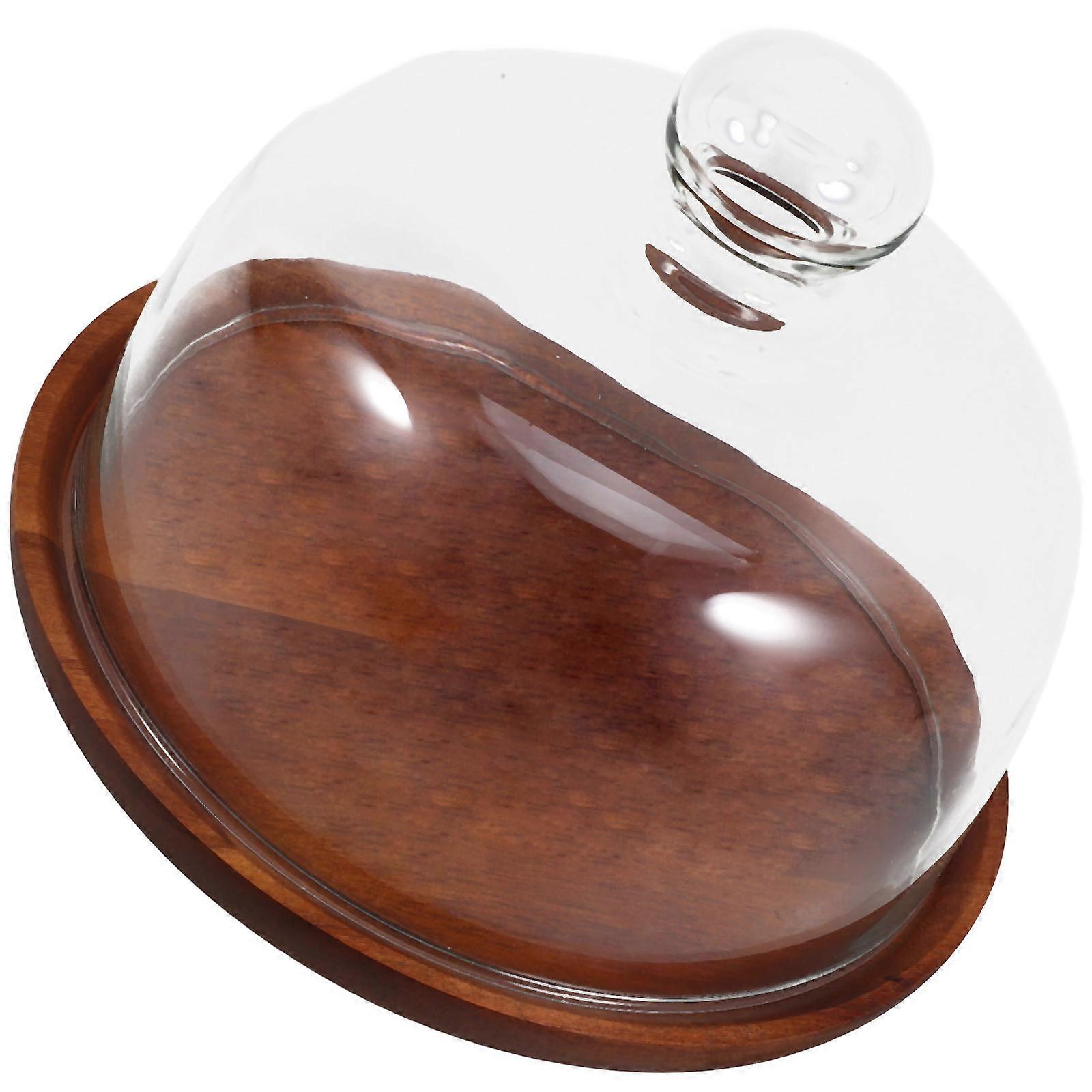 Wooden Cake Tray with Glass Dome for Storage Use Elegant Coffee Color Display Tray 9.8 Inches