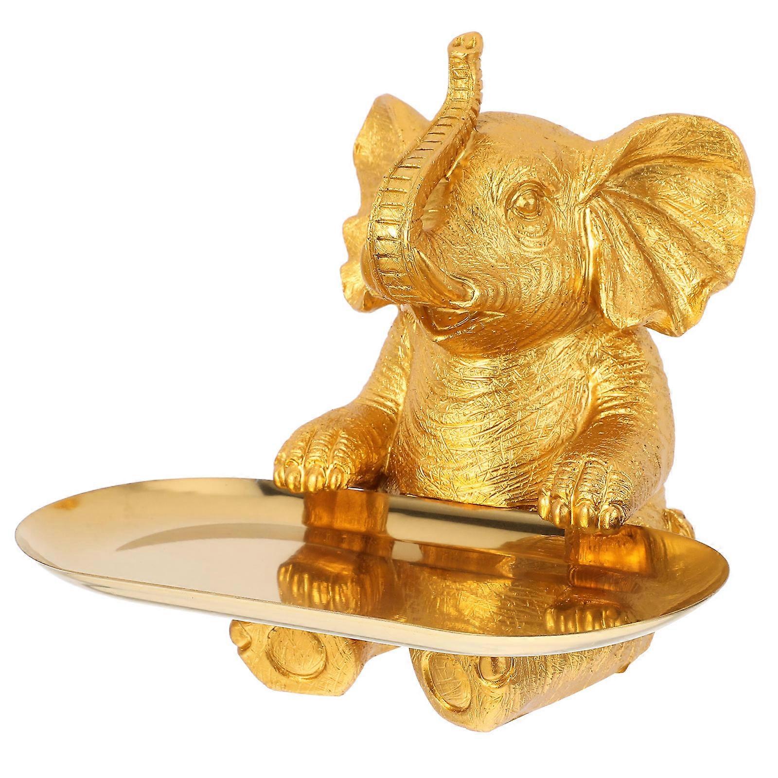Golden Resin Elephant Catchall Tray for Storing and Bird Feeding 6.5 inches