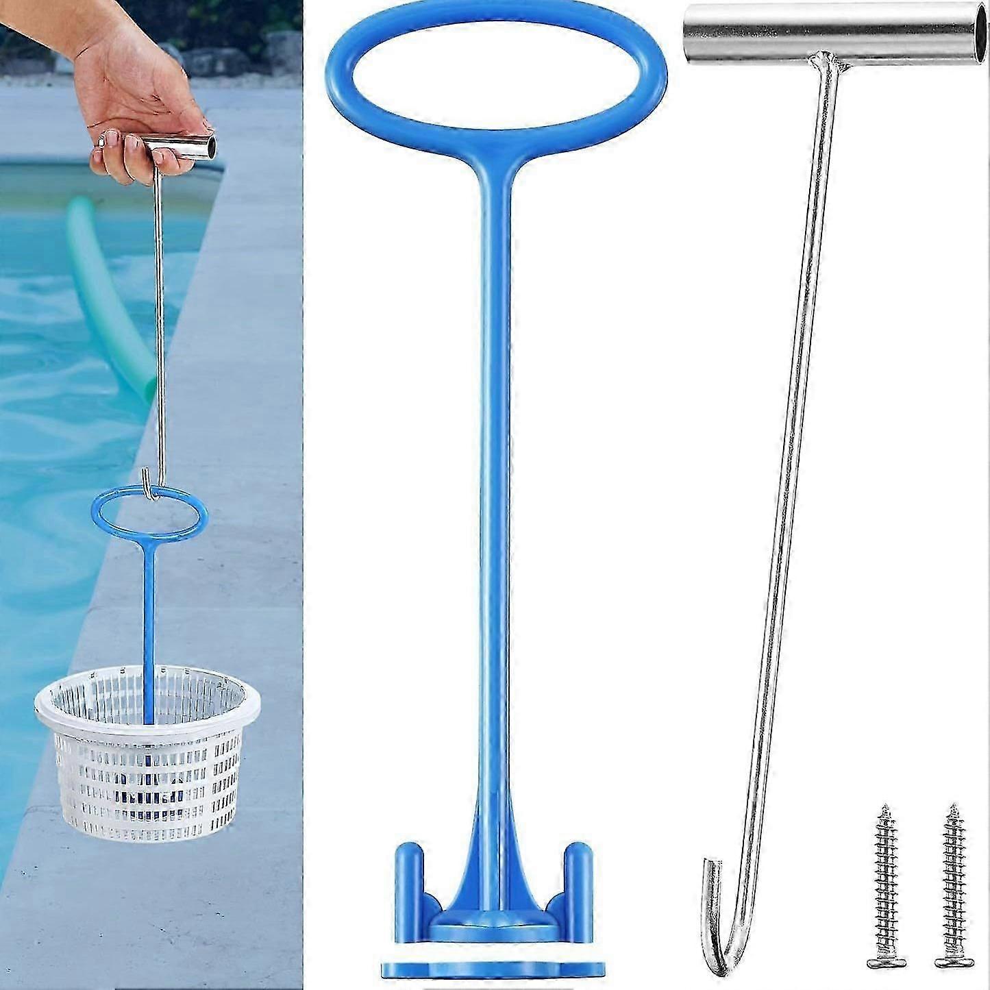 Skimmer Basket Handle, Pool Skimmer Basket Hook, Universal Pool Skimmer Basket with Handle Fit All Skimmer Basket for Debris Removal, Keep Hands Clean