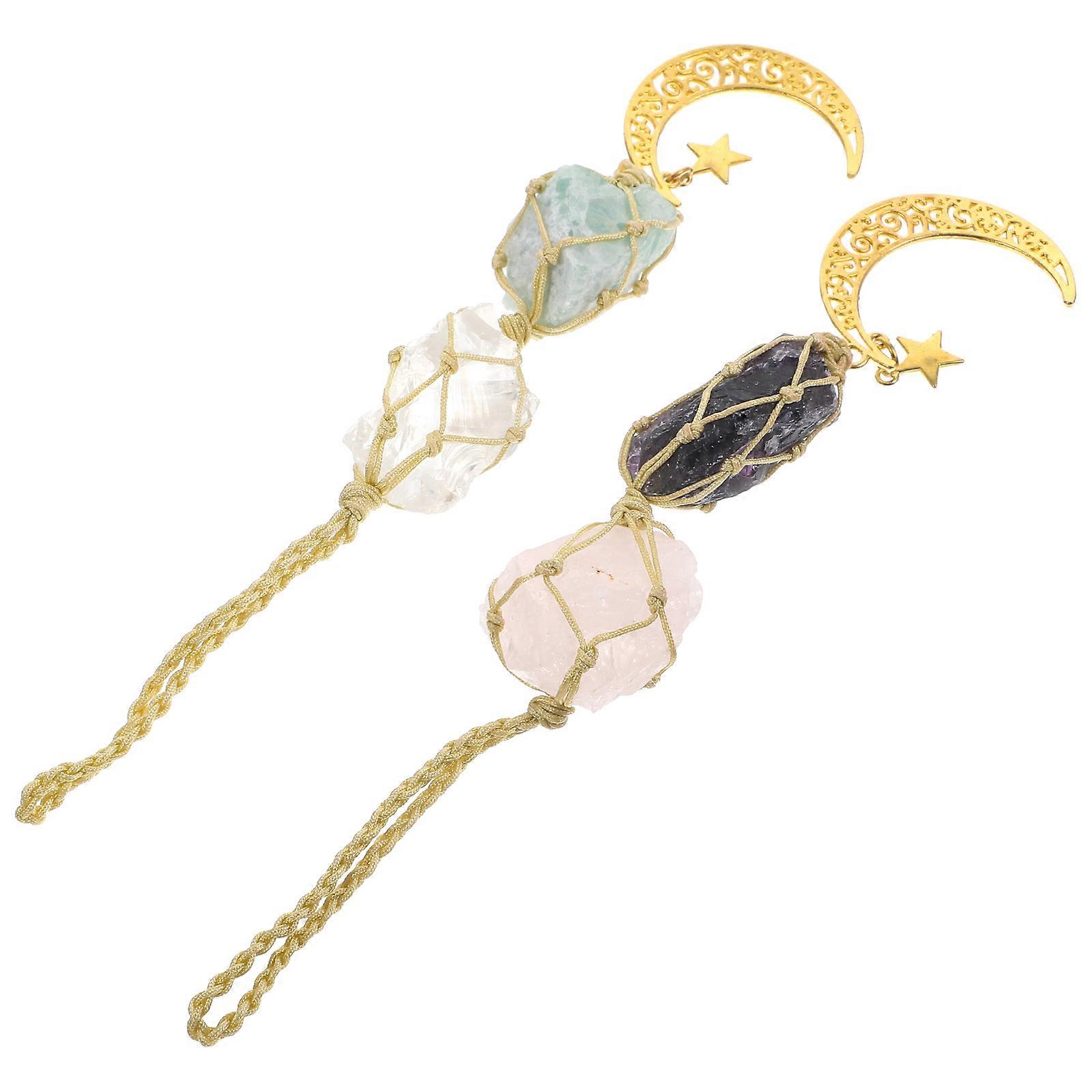 2pcs Handmade Crystal Car Hanging Ornaments for Rear View Mirrors – Unique Decorative Accessories for Home and Vehicle – Pink Amethyst Fluorite and