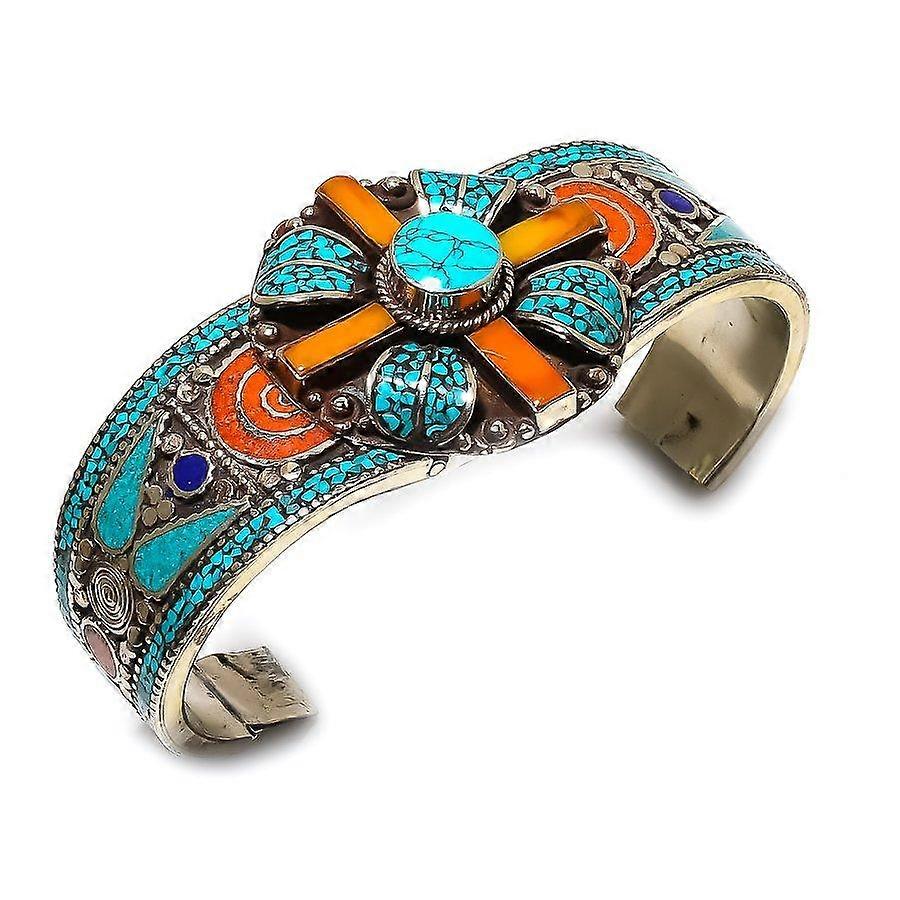 Natural Tibetan Turquoise, Coral Gemstone Handmade Cuff Bangle Adjustable f3h64