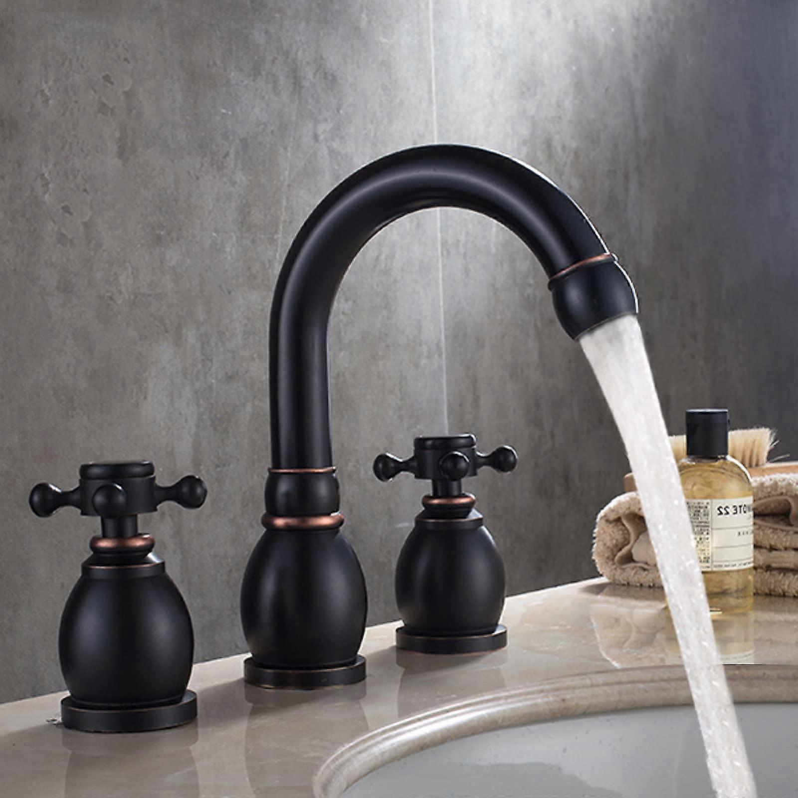 Bathroom Basin Mixer Retro Brass Basin Faucet With Hot And Cold, Dual Cross Handle, Swivel Spout, 2 Handles 3 Holes, Black