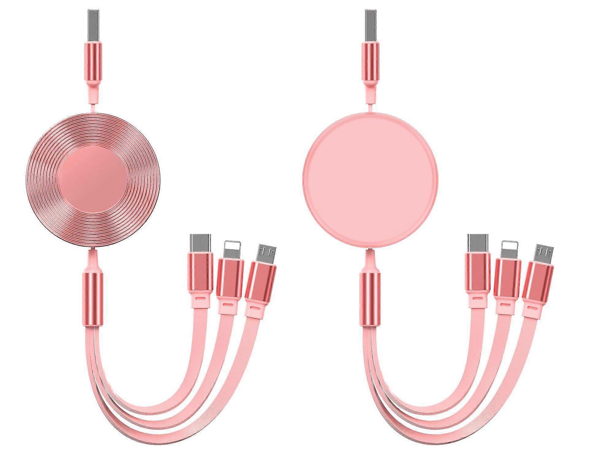 4-in-1 100W Retractable Charging Cable with Lightning/Micro/Type-C Interface for Apple and Android Phones (2 Pcs) Pink
