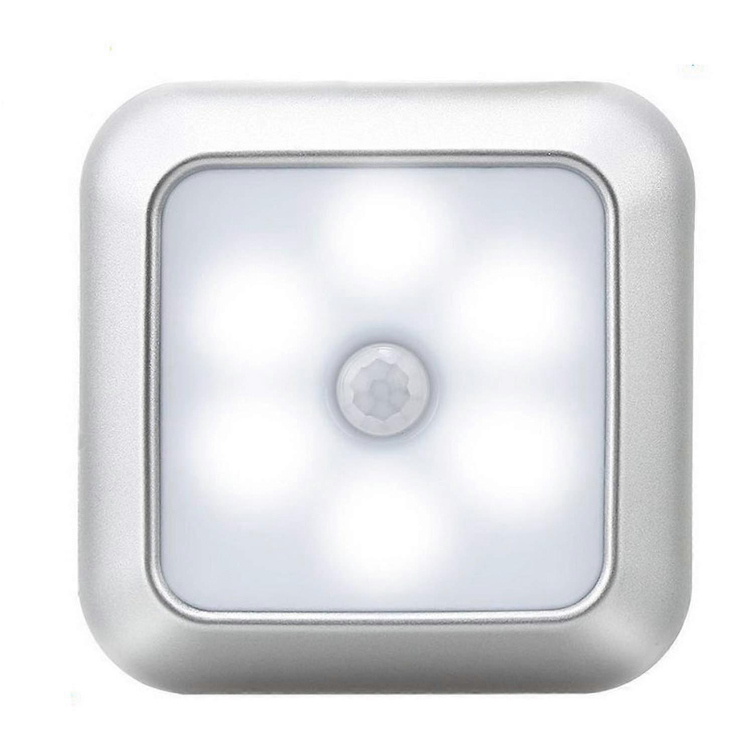 Wall Night Light Cabinet Closet, 6 LEDs Motion Sensor, Wireless Stair Lamp, Silver Frame, White Light