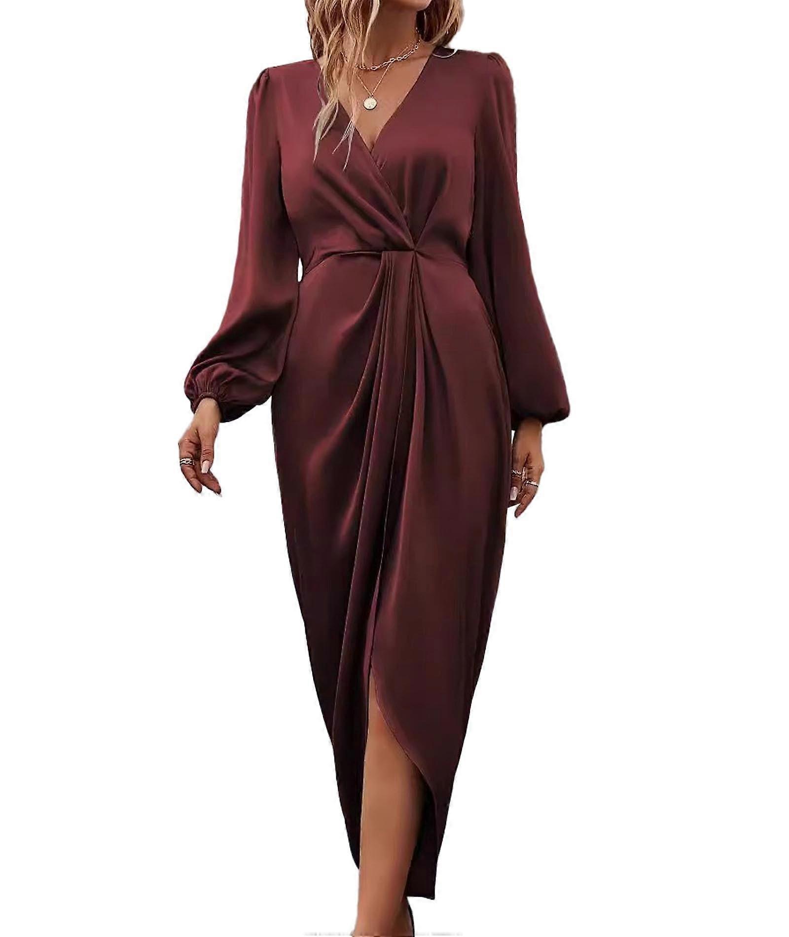 Women's V-neck long-sleeved satin midi dress Burgundy L | Fruugo NO