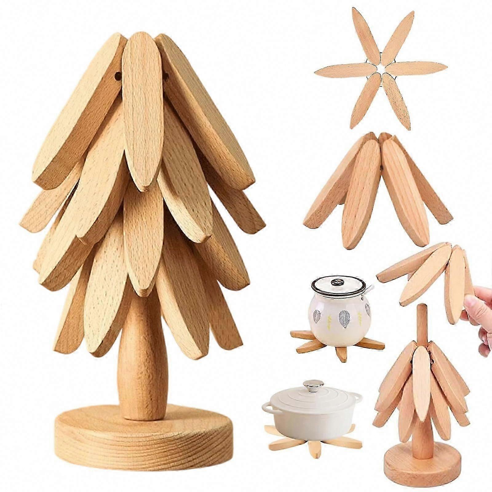 Foldable Walnut Wood Trivet Set with Stand, Heat Resistant Coasters for Pots, Bowls & Teapots