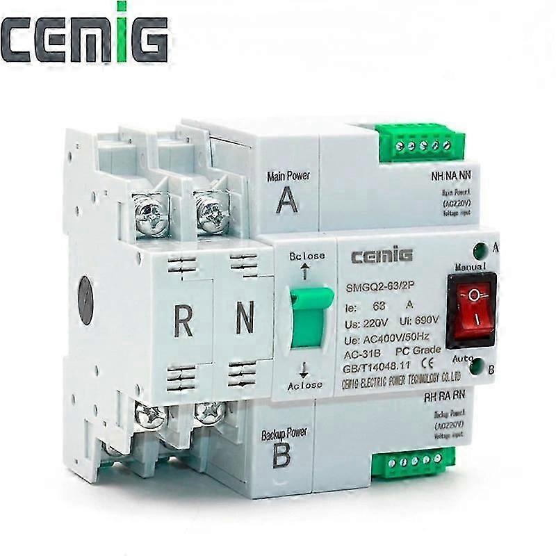 ATS Dual-Power Automatic Transfer Switch Uninterrupted Power SMGQ2-63/2P AC230V 110V 16A to 63A Household 35mm Rail Installation