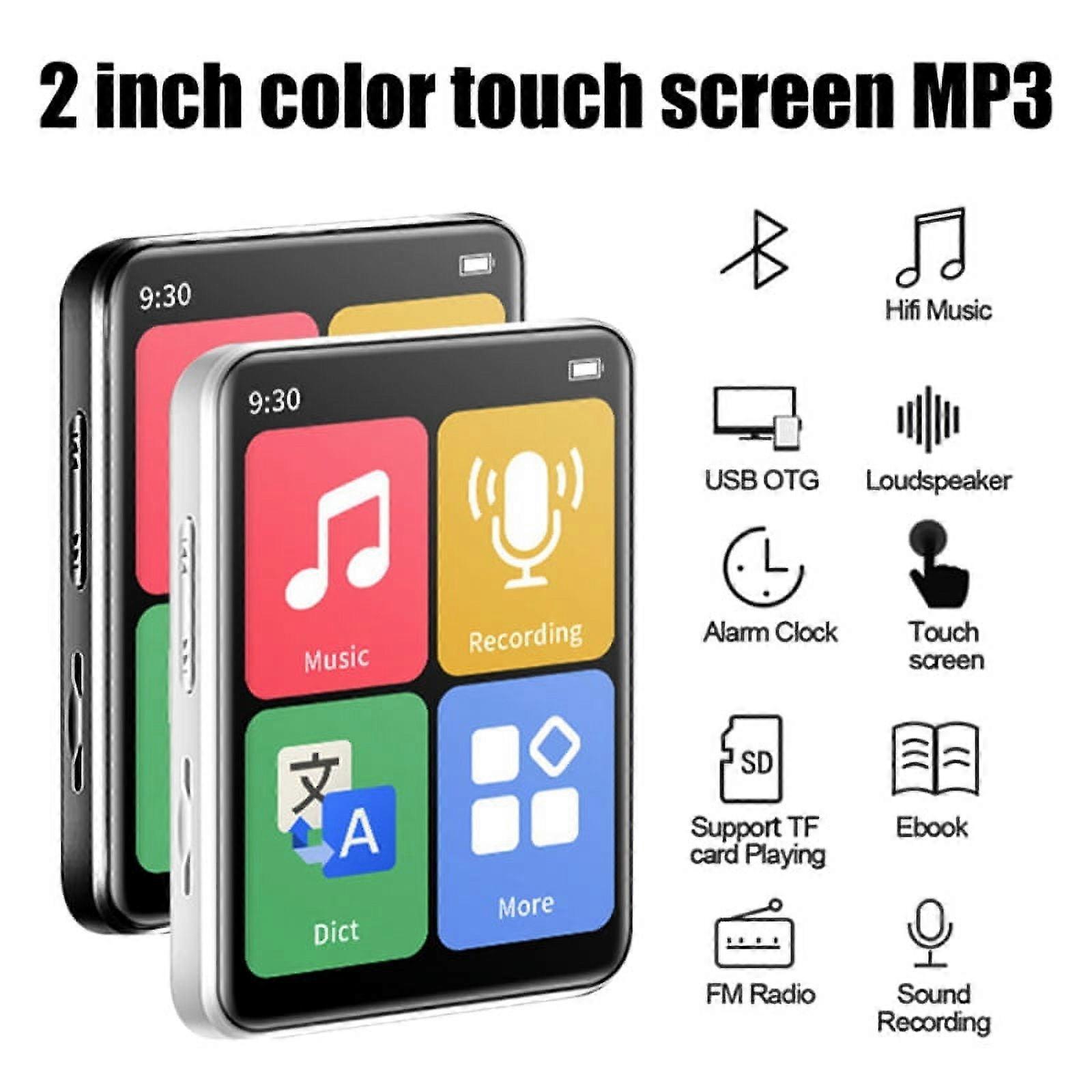 Mini Portable MP3 Player Bluetooth Small Music Player Touch Screen Walkman Sports Music Player Built in 32G Card-White
