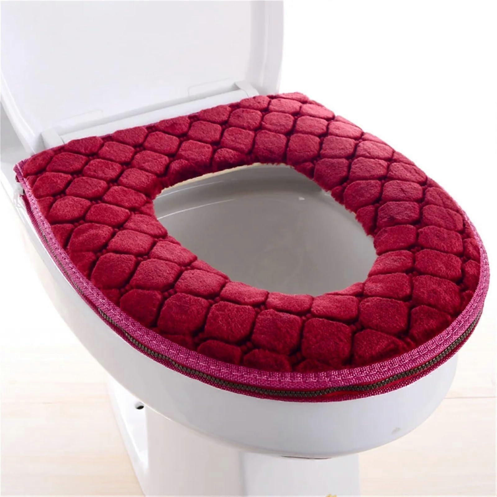 Soft Toilet Seat Cover Cushion Universal Plush Washable Commode Mat with Zipper Red