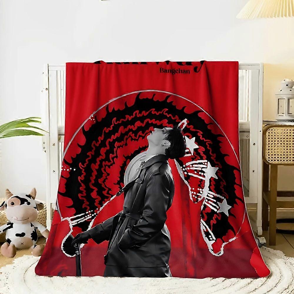 1pc Bangchan Inspired Flannel Blanket - Soft Light Beige-Friendly, Red & Black Artistic Design with Stars & Skeletons, M-LMNBV50