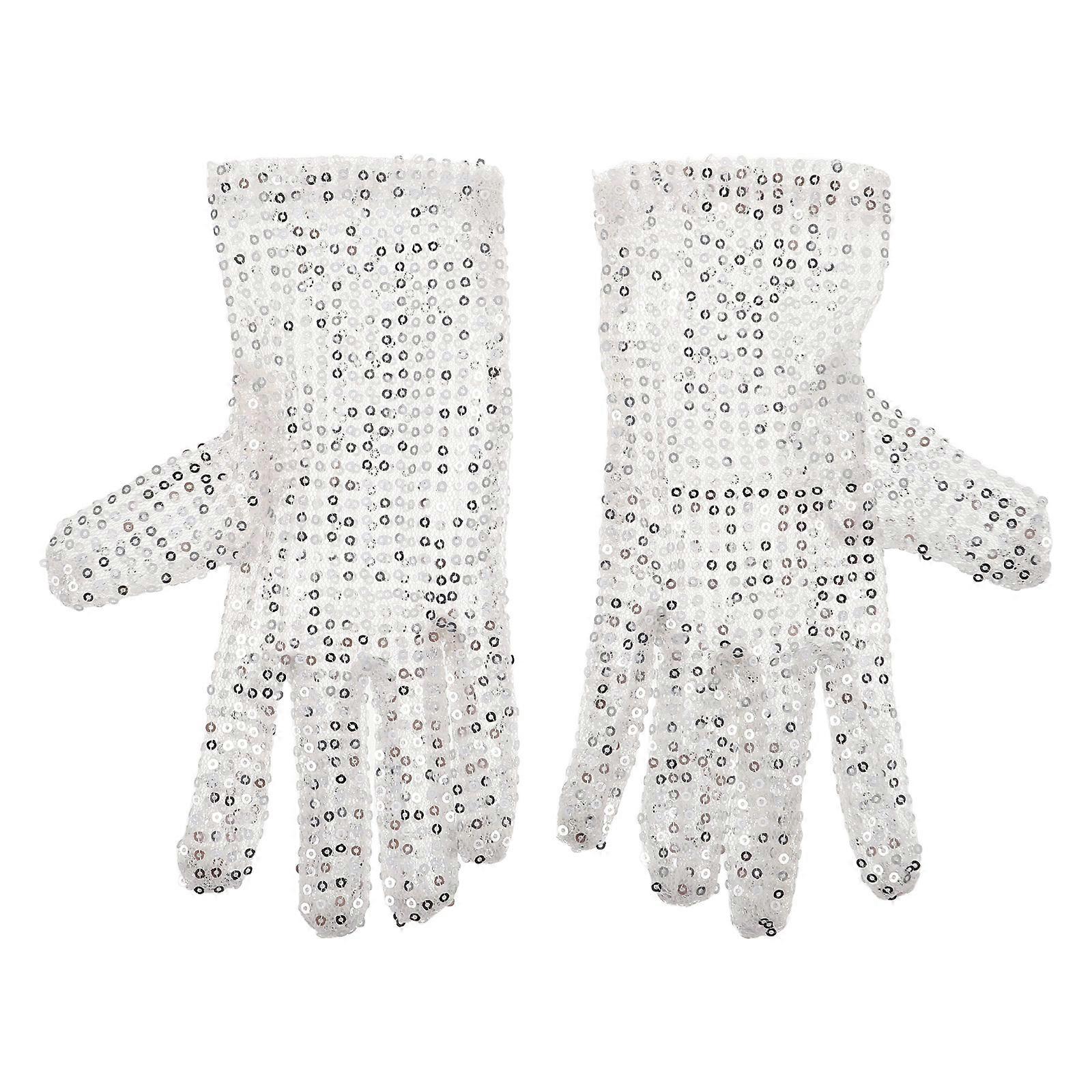 Stage Performance Disco Style Sequin Gloves For Costume Parties White Polyester Material 1Pair