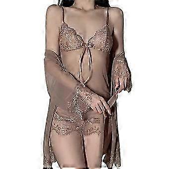 1 Set Coat NightdrG-string Set Bow-knot Perspective Lace Stitching Solid Color Deep V Neck Warm Low Cut Spaghetti Strap NightdrBelt Set