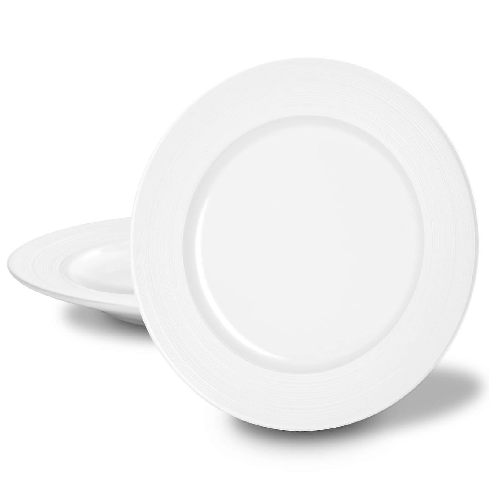 2Piece 10 Inch White Ceramic Dinner Plate Set with Elegant Ribbed Rim and Scratch Resistant Surface