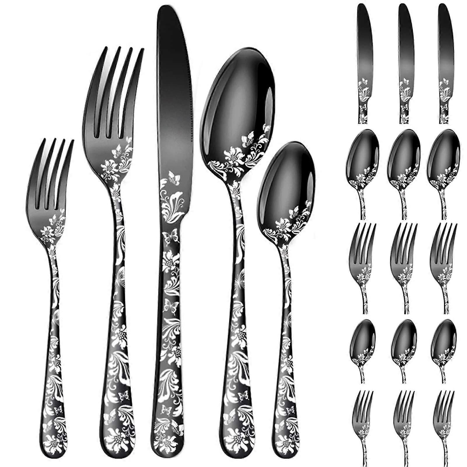 Black Stainless Steel Flatware Set 20pcs with Elegant Floral Pattern, Silverware Set for 4 Dishwasher Safe