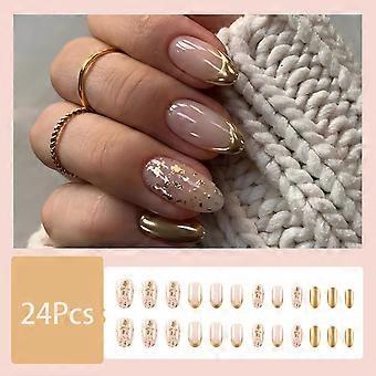 Lot de 24 faux ongles acryliques à coller, style French Manucure, pour l'automne et l'hiver. Forme amande moyenne, ornés de paillettes dorées et brillant. Réutilisables.