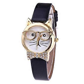 Cute Cat Face Round Dial Rhinestone Faux Leather Analog Quartz Wrist Watch