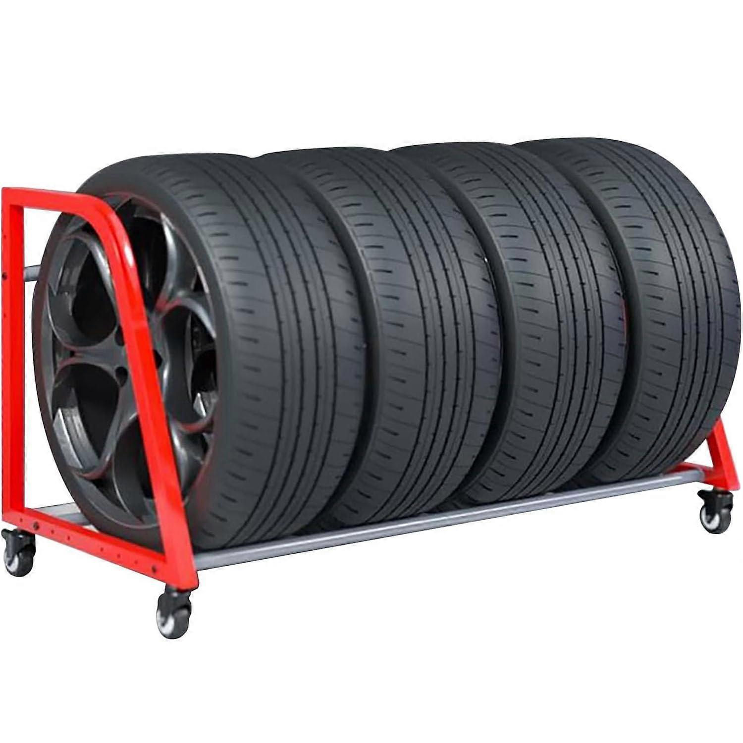 Wall Mount Tire Rack with Rolling Wheels, SpaceSaving Garage Tire Storage for SUV, Red Organizer