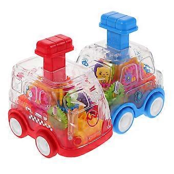 Transparante speelgoedauto met tandwielen, duwauto voor kinderen met drukknopfunctie, set van 2 stuks.