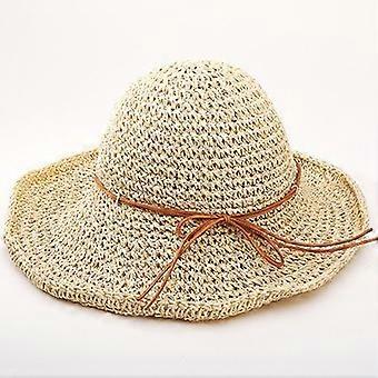 Sombrero de paja de rafia de ala ancha de cuero de verano para mujer (beige)