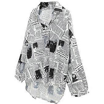 Women Fashion Newspaper Shirt Single-breasted Blouse Lapel Long-sleeved for Summer Spring (Black, Size XL)