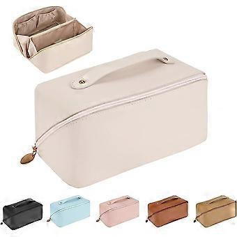 Bolsa de Maquiagem Dww (Branca), Bolsa de Viagem de Grande Capacidade, com Alça e Divisória, Organizador de Artigos de Higiene Pessoal em Couro PU Impermeável para Mulheres, Multifuncional