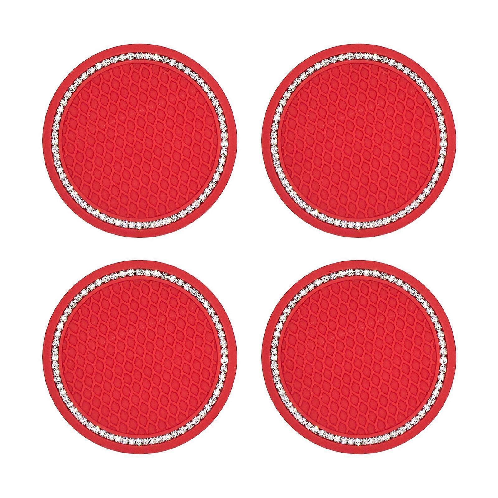 Lot de 4 sous-verres de voiture à paillettes pour femmes, 7 cm, antidérapants, universels, rouges.