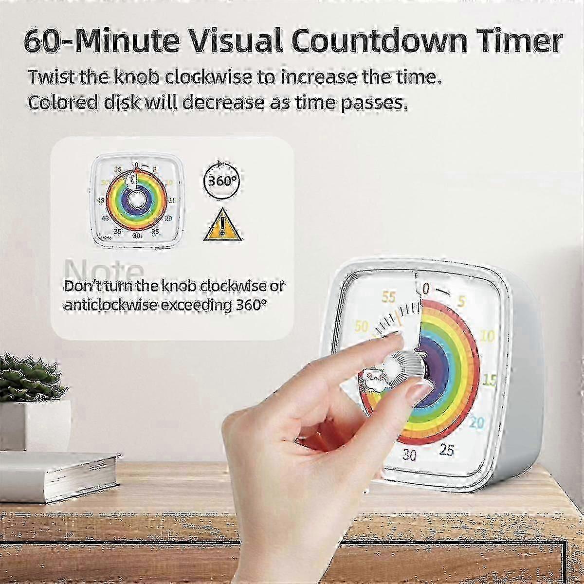 60-minute visual timer with night light, countdown timer and Pomodoro timer functions.