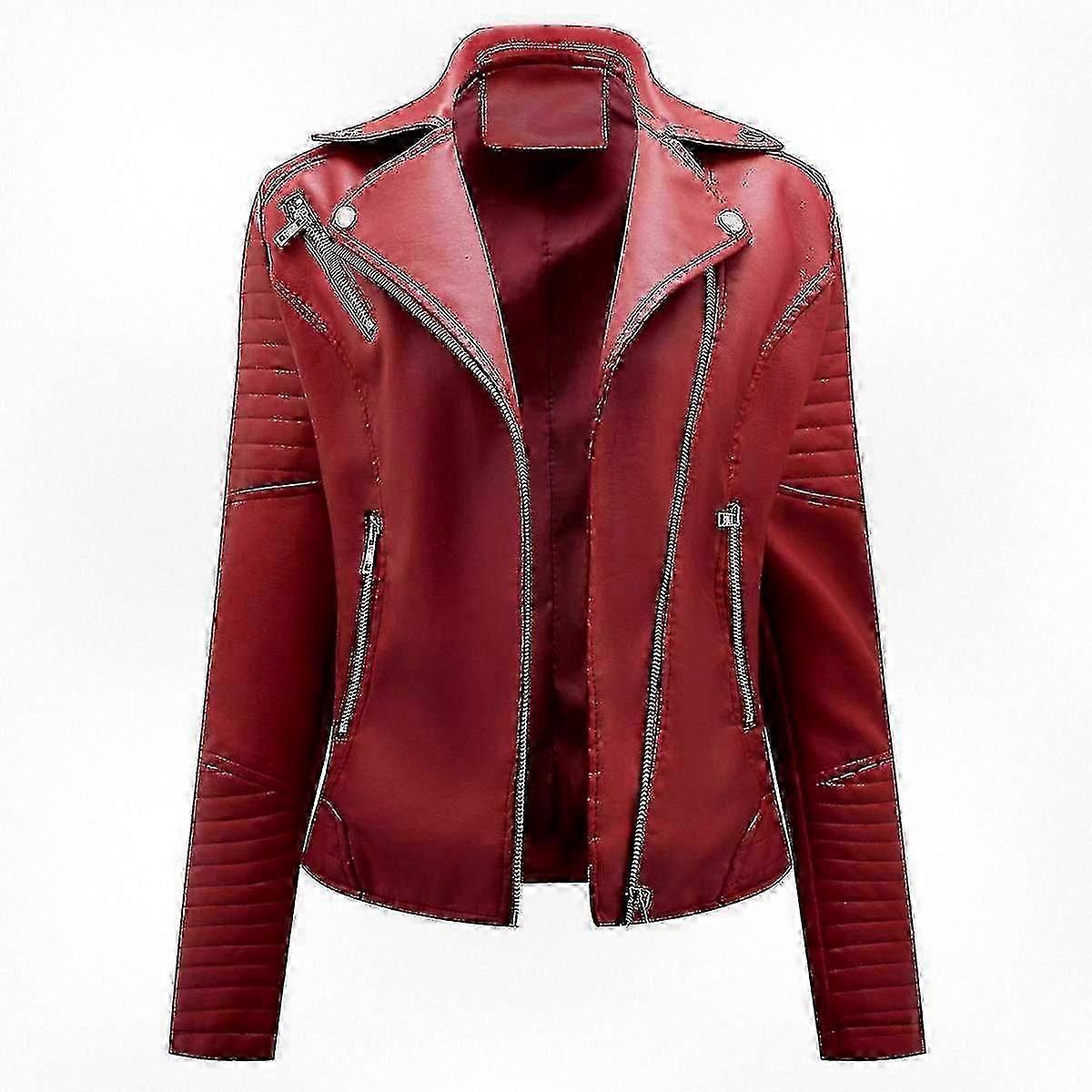 Solid Color Slim Cropped Leather Jacket for Women, Designed with Lapel Collar