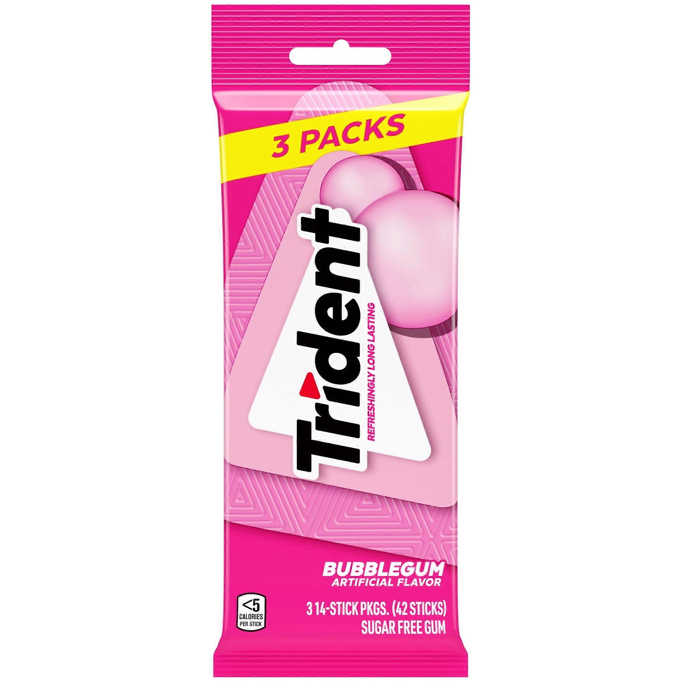 Trident Sugar Free Gum Bubblegum 14 Pieces 3-Pack (42 Total Pieces)