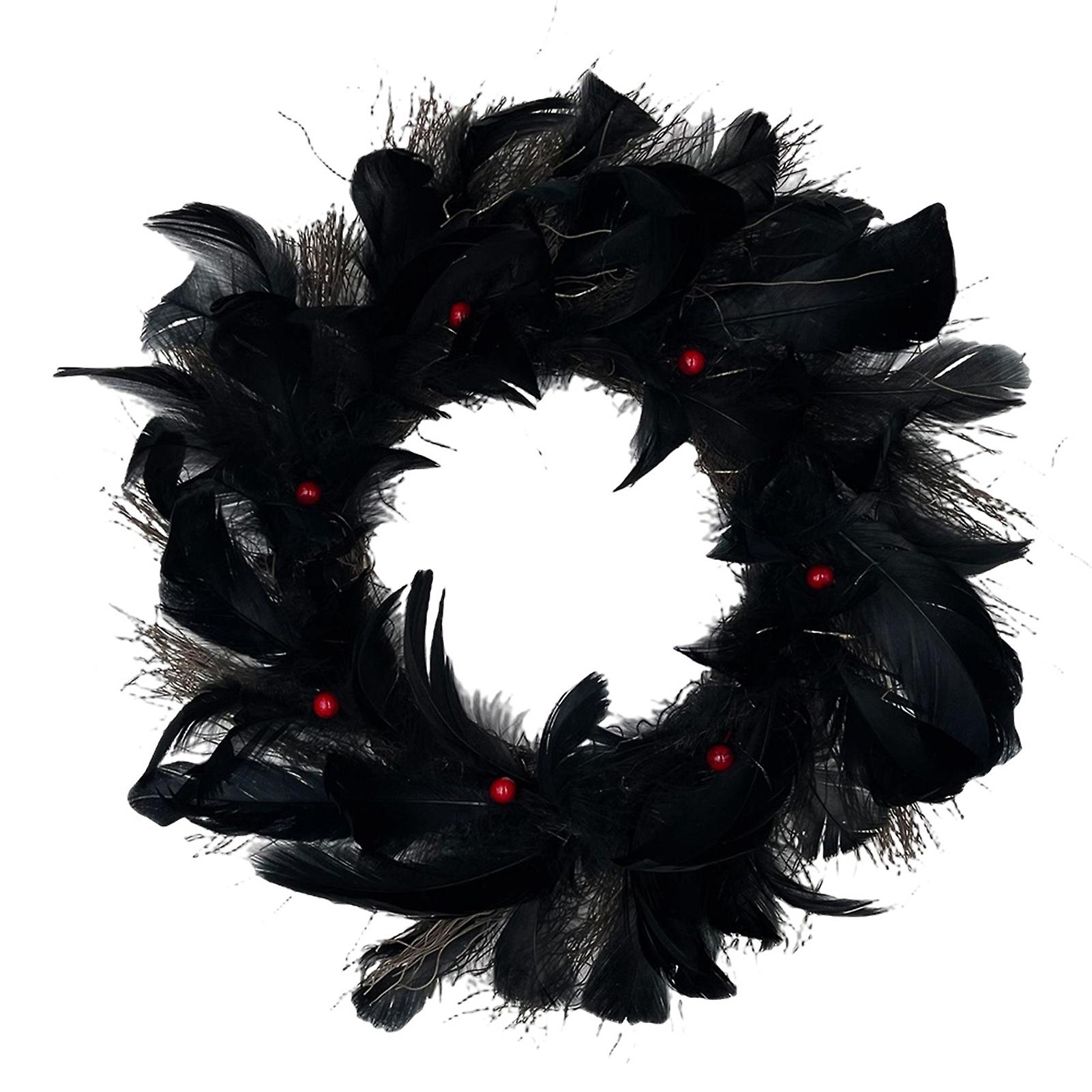 40cm Halloween Simulation Black Feather Wreath Creative Spooky Black Feather Wreath For Home Office Room Background Decoration
