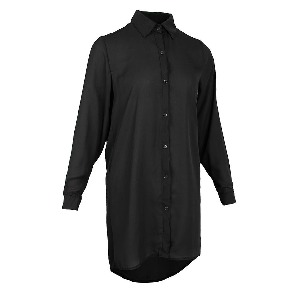 Einfarbig Langarm Button-Down-Chiffon-Hemdkleid Bluse XL Schwarz