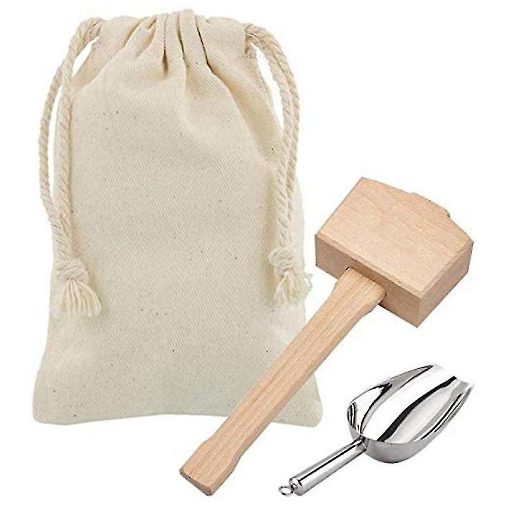 Ice Mallet And Ice Bag - Wood Hammer And Cotton Linen Bag For Crushed Ice, Bartender Kit & Bar Tool