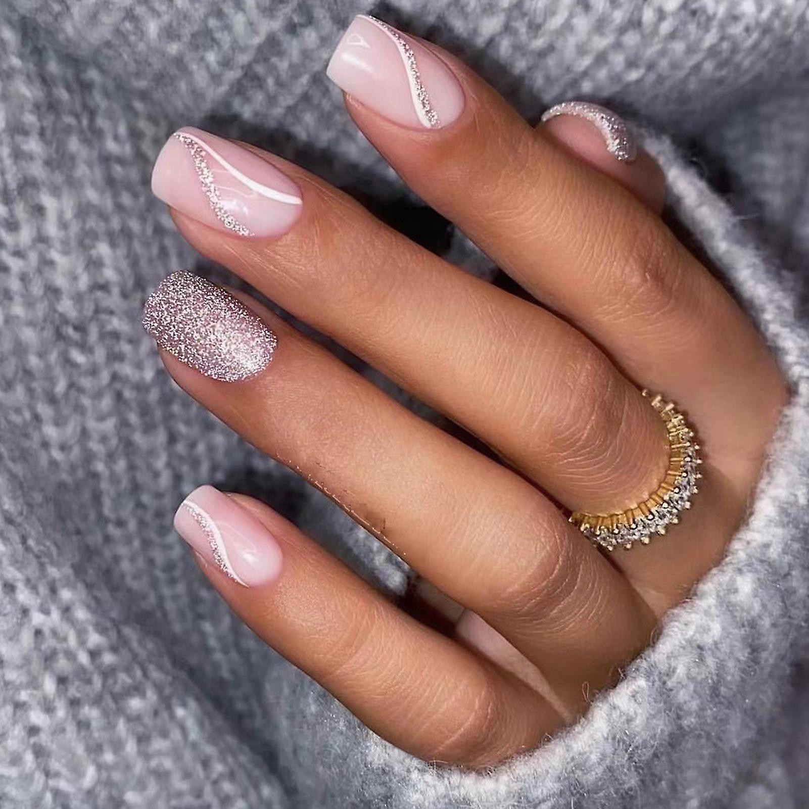 Pink Translucent Short False Nails With Com