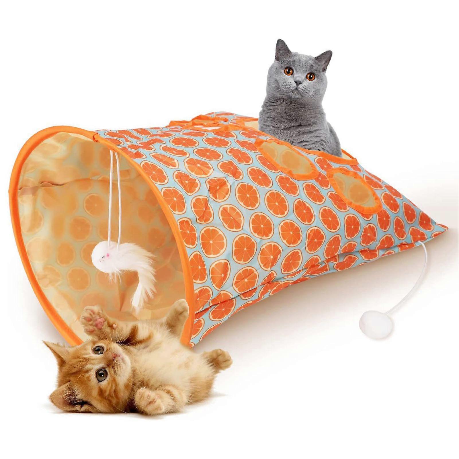 Cat Tunnel Bag Foldable Interactive 5 Holes Crinkle Sounds Tunnel Pet Drill Bucket with Plush Balls for Cats Kittens Orange