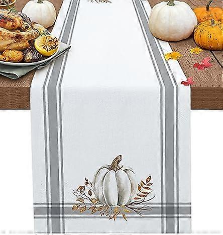 Thanksgiving Table Runners 70 Inch Decorations White Pumpkin Leaf Branch Runners for Dining Tables Gray Stripes Autumn Dinner Runner Kitchen Parties D