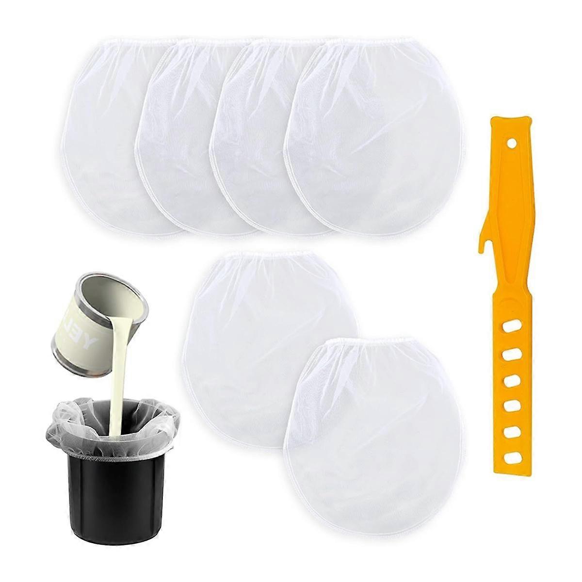 6pcs Paint Filter Bag 2 Gallon, White Bucket Strainer Plastic Putty Knife Elastic Top Opening Paint