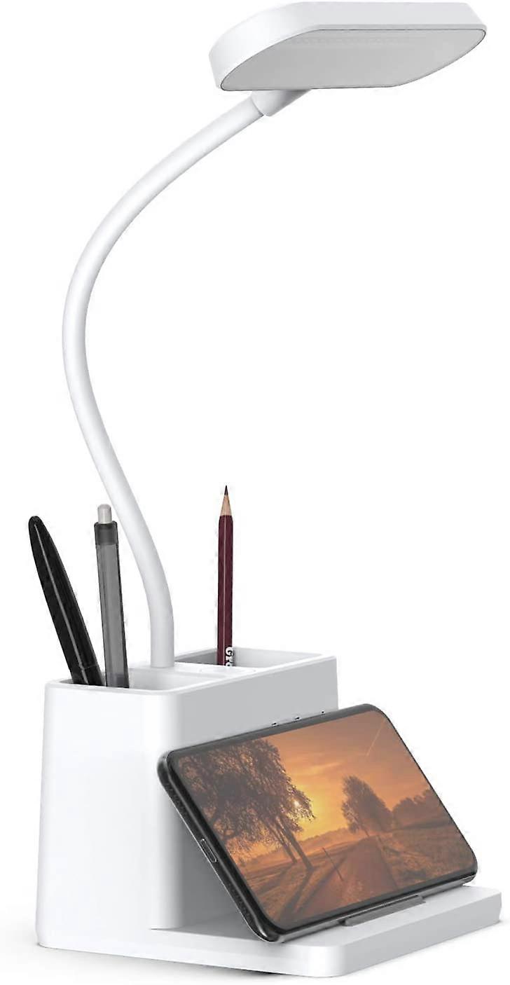 LED Desk Lamp with Pen Holder,  Desk Light for Computer/Desktop - White, Rechargeable, Eye-Caring, Flexible Gooseneck - Bedside Table Lamp for Reading