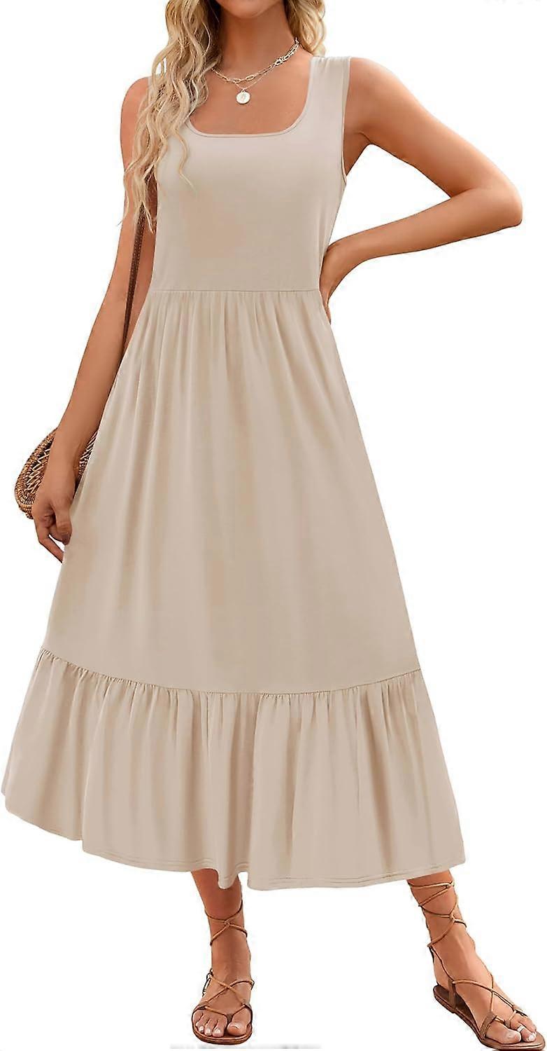 Women's 2024 Summer Sleeveless Dress Square Neck Pleated Swing Casual Maxi Dresses with Pockets