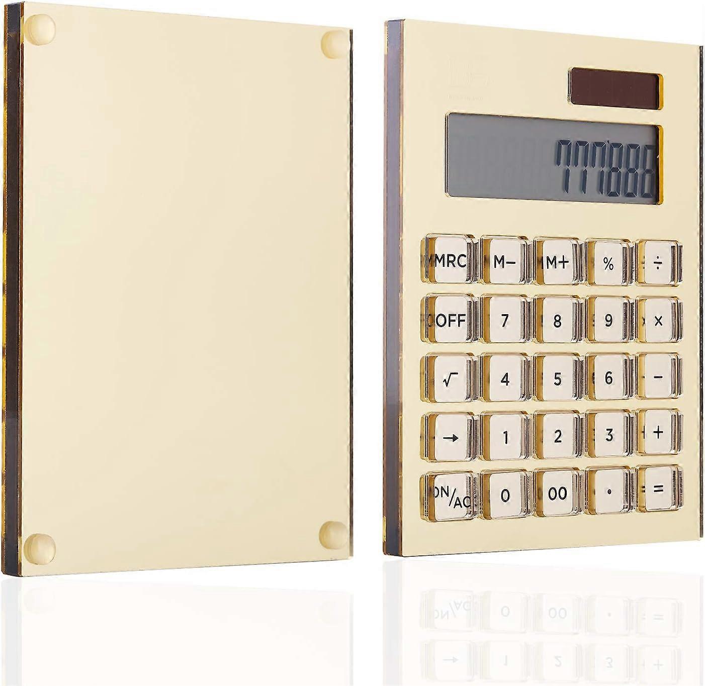 Clear Gold Acryl Batterij + Solar Basic Calculator door Draymond Story - Thuiskantoor Desktop Dual Calculator (12-cijferig LCD-scherm) - Relatiegeschenk Ide