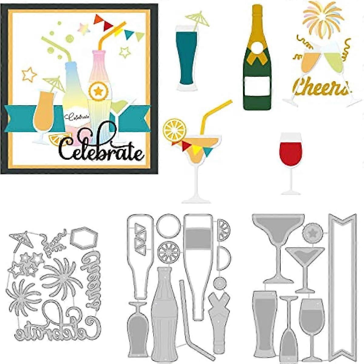3Pcs Glasses and Bottles Cutting Dies Celebration Embossing Stencils Template Die Cut Set for Card Scrapbooking