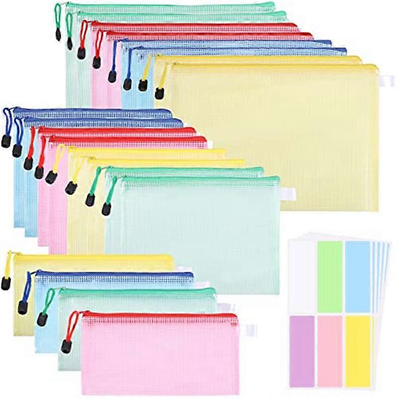 20 Pack Document Bags A4+A5+A6, File Folder Plastic Zip Pocket Zipper Pocket Mesh Pouch with Zipper (4 Colors)
