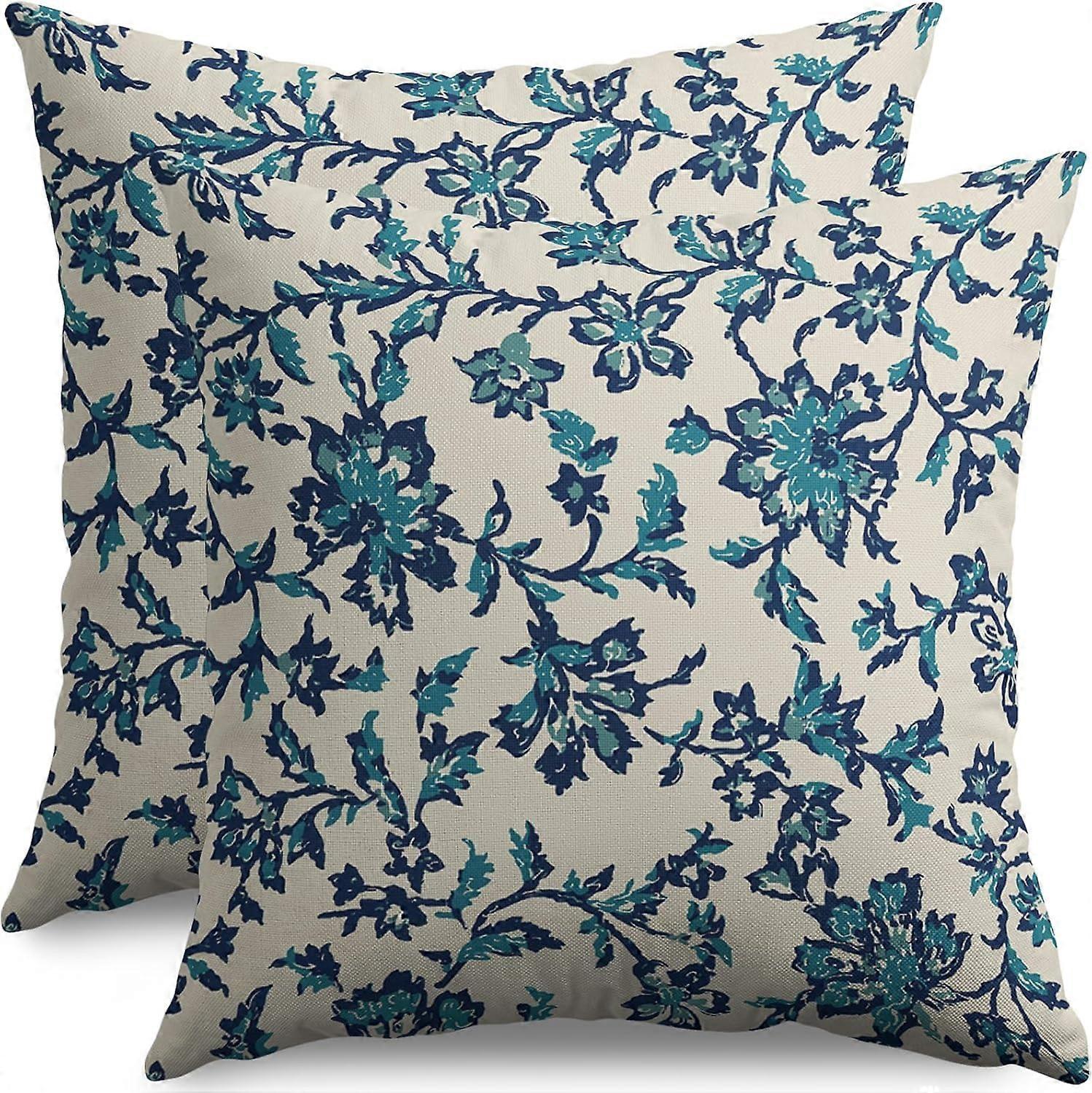 Navy Blue Teal Floral Block Print Pillow Covers 18x18 Set of 2 Vintage Flower Rustic Old Style Modern Patterned Cream Decorative Throw Pillow Cases Ou