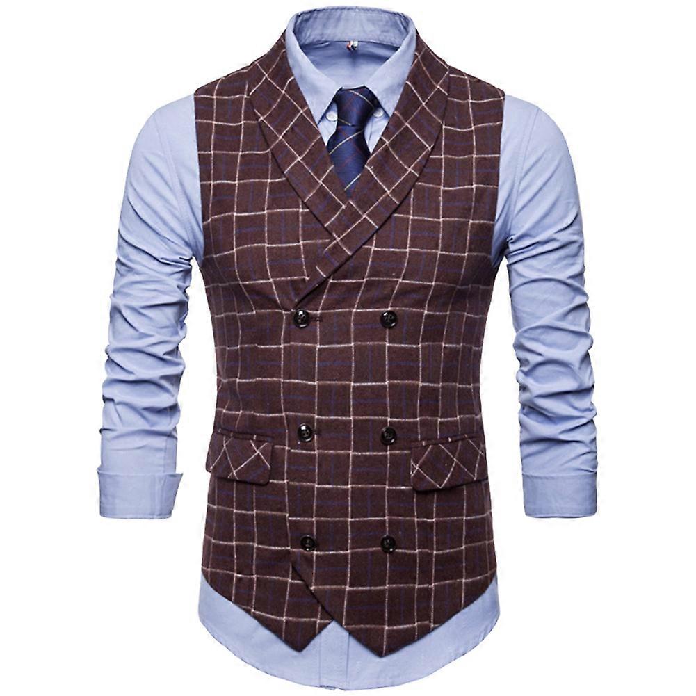 Men Plaid Pattern Single-breasted Sleeveless Formal Waistcoats Dress Suit Vest (Coffee 3XL)