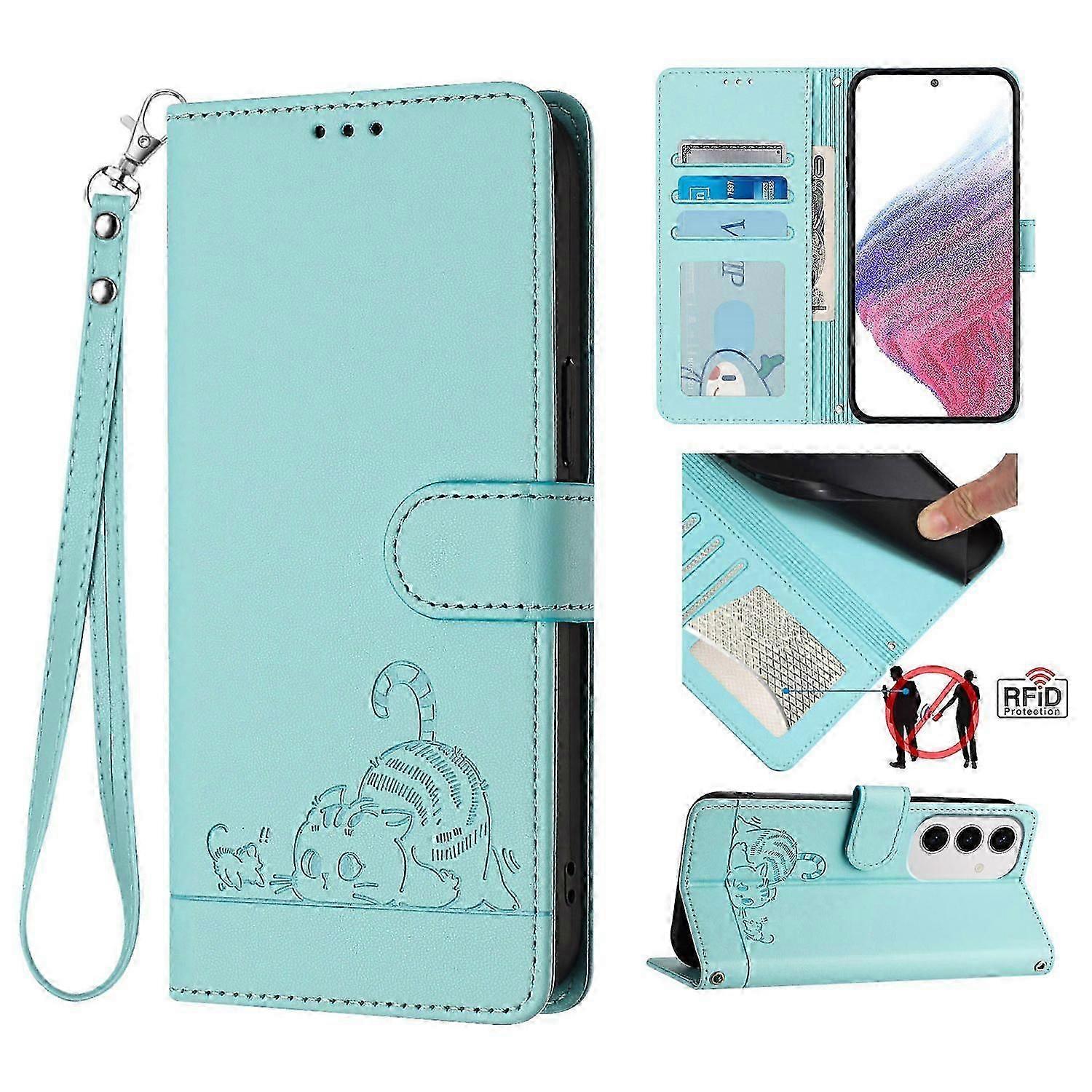 For Samsung Galaxy S24 Fe Case With Strap Rfid Blocking Leather Wallet Phone Cover Cat Mouse Pattern