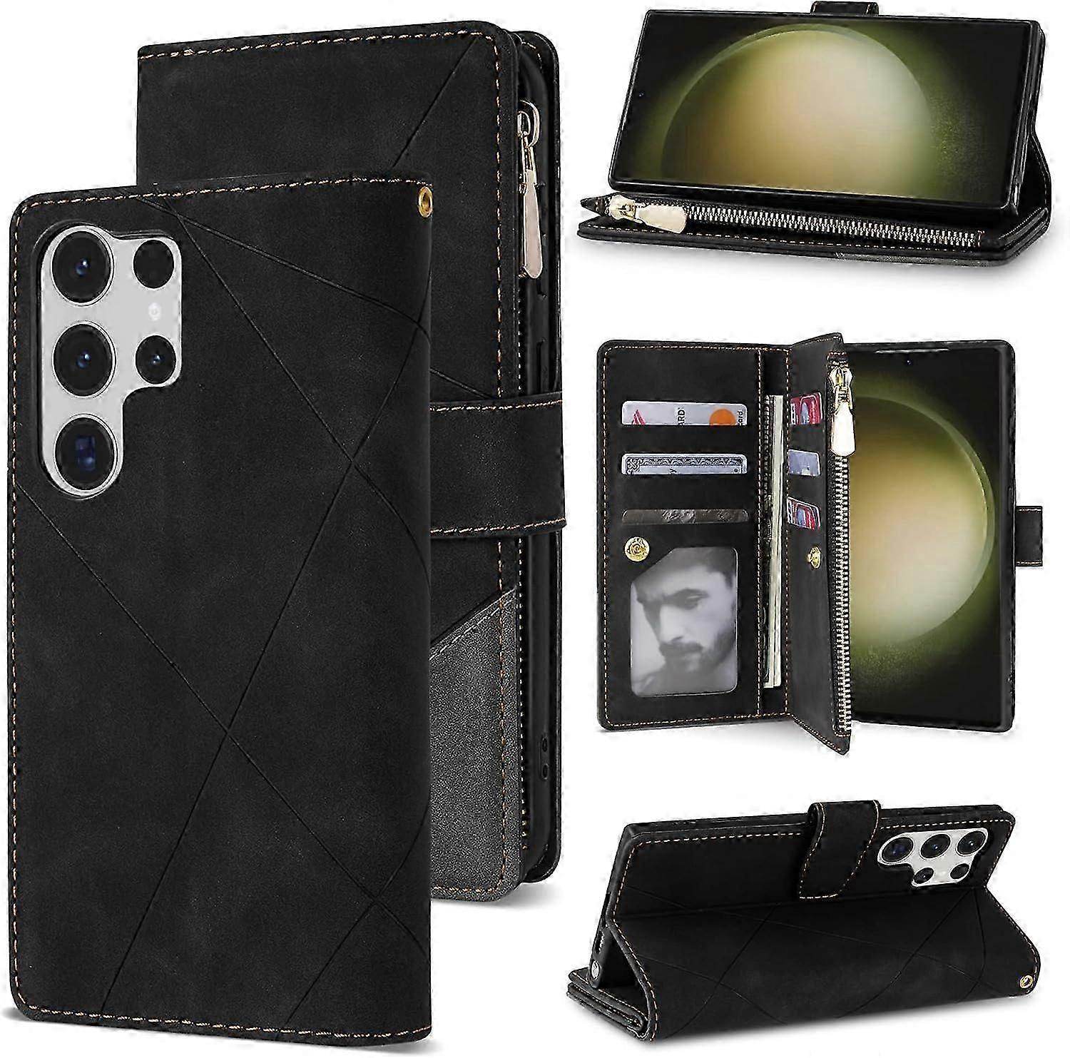 For Samsung Galaxy S24 Ultra Wallet Case with RFID Blocking Zipper Card Slots Stand, Flip Splicing PU Leather Cover with Hand Strap