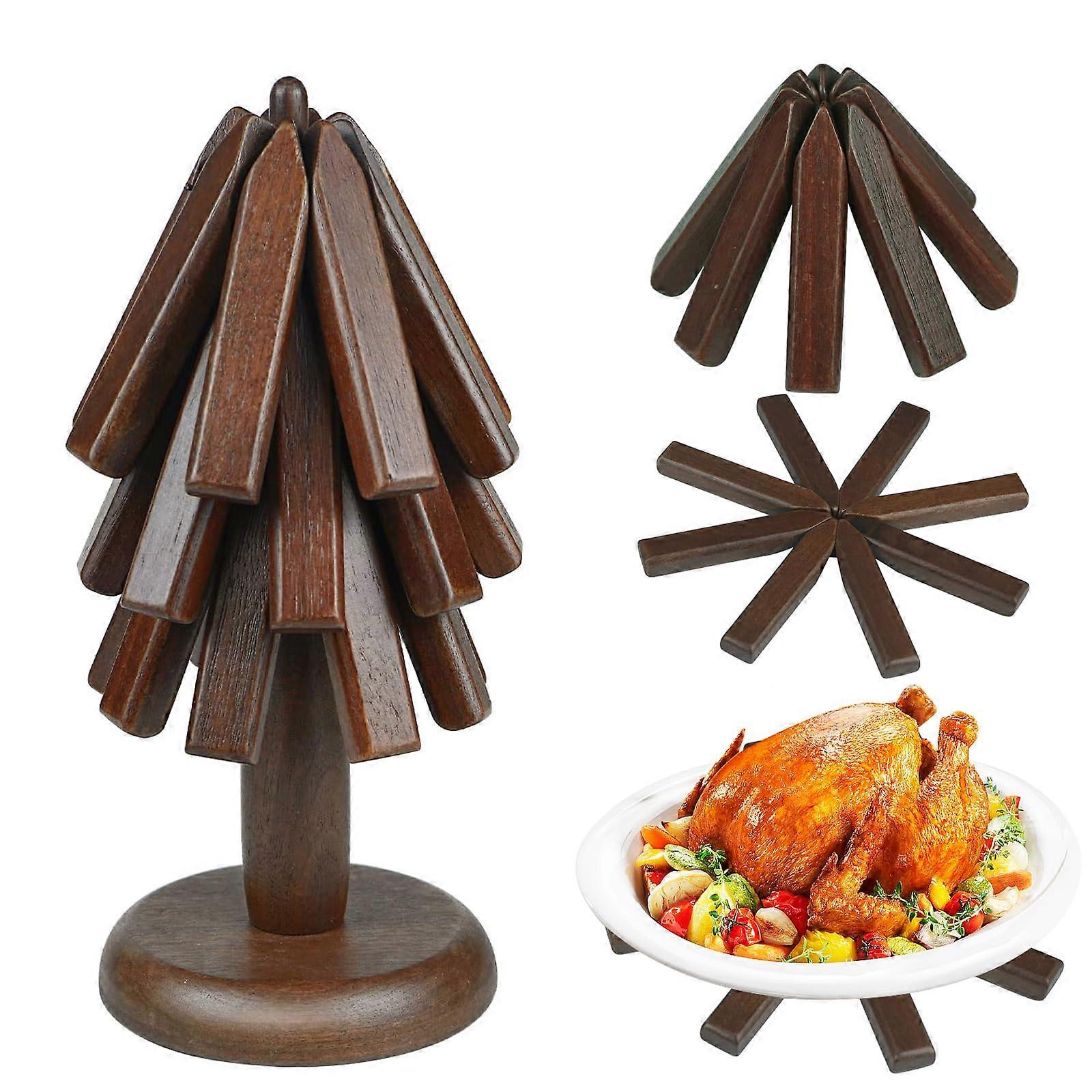 3 Foldable Walnut Wooden Trivets for Kitchen Heat Resistance, Christmas Home Decor, 8-Inch Size, Rustic Style