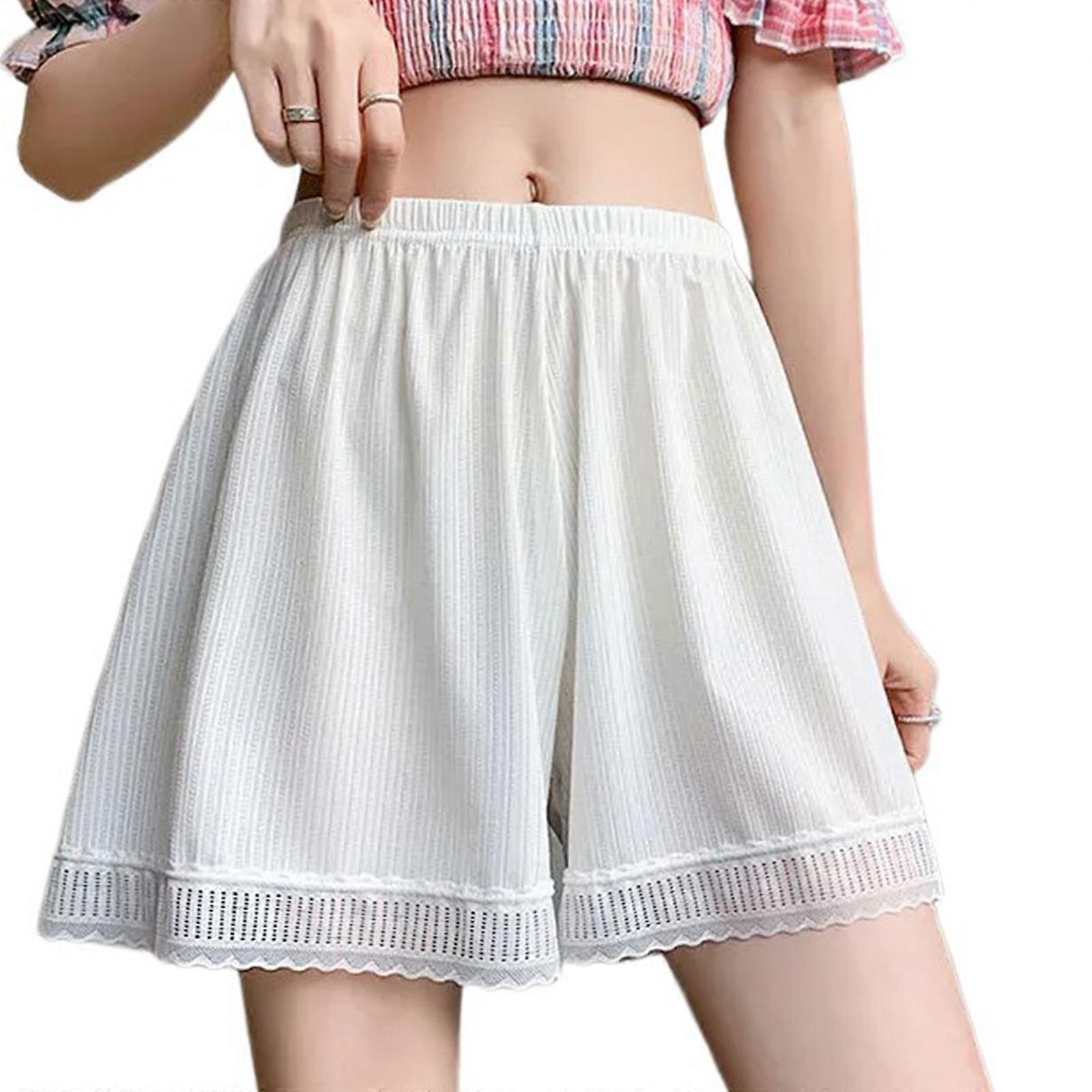 Womens Summer Ice Silk Lace Edge Half Slips Shorts Elastic Waist Wide Leg Safety Pant Underpants Solid Color Pettipants  White PS