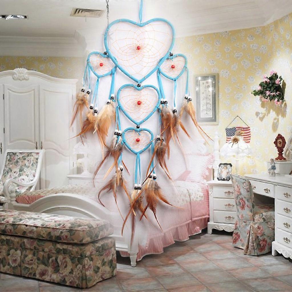 5 Heart Circles Large Dream Catchers with Beads Feather Boho Wall Hanging for Bedroom Dorm Decoration Lake Blue