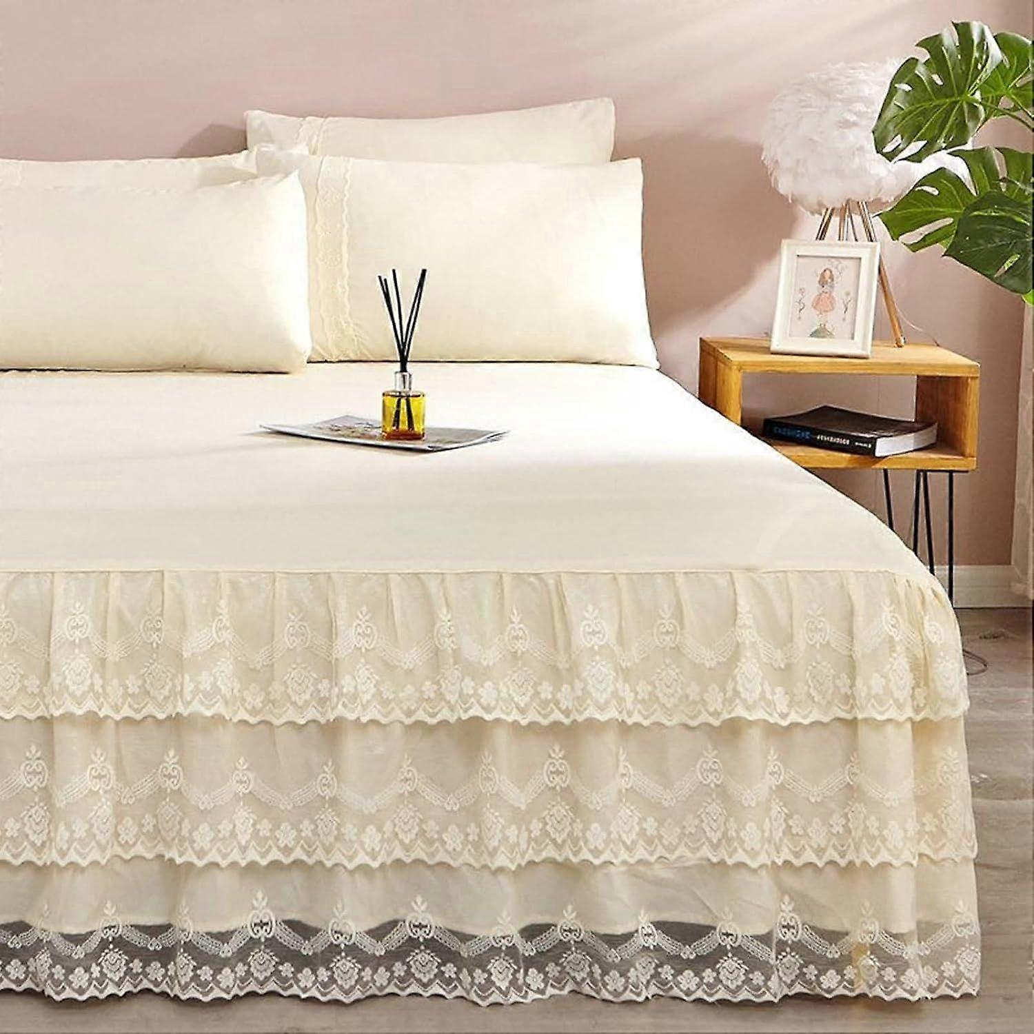 Beige Bed Skirts Polyester Lace, Ruffled Solid Color Queen Bed Skirt, 59"x79"