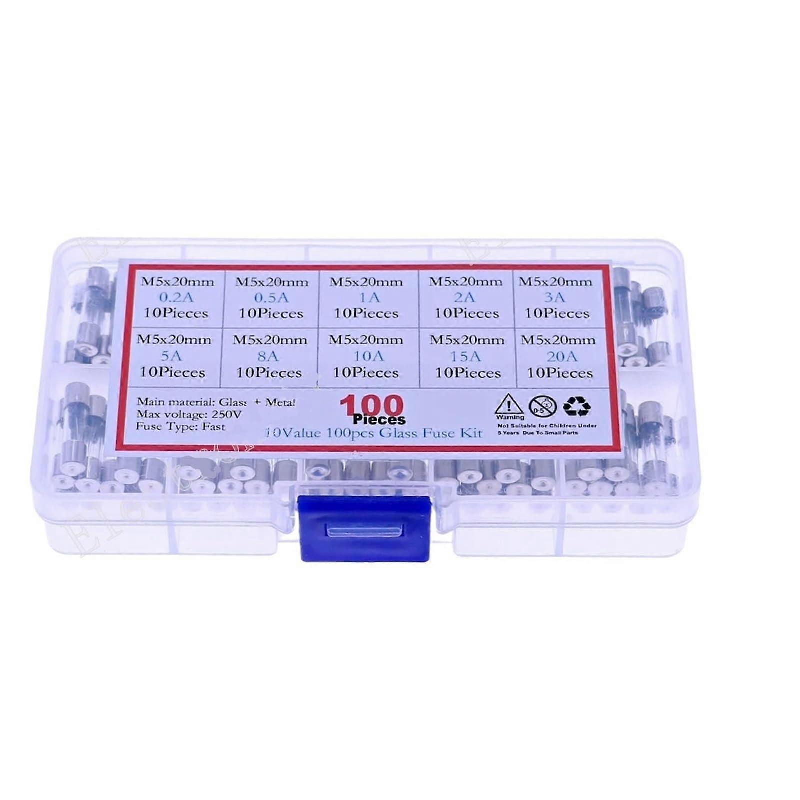 Fast-Blow Glass Fuse 100-Pack 5x20mm 12V-250V Assorted Fuse Kit Tube Mix Set 0.2A-20A
